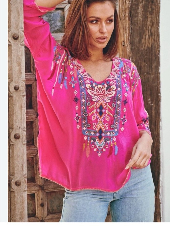 Johnny Was Tops - Johnny Was Paradise Pink Embroidered Boho Rangoon Blouse, NWT, L